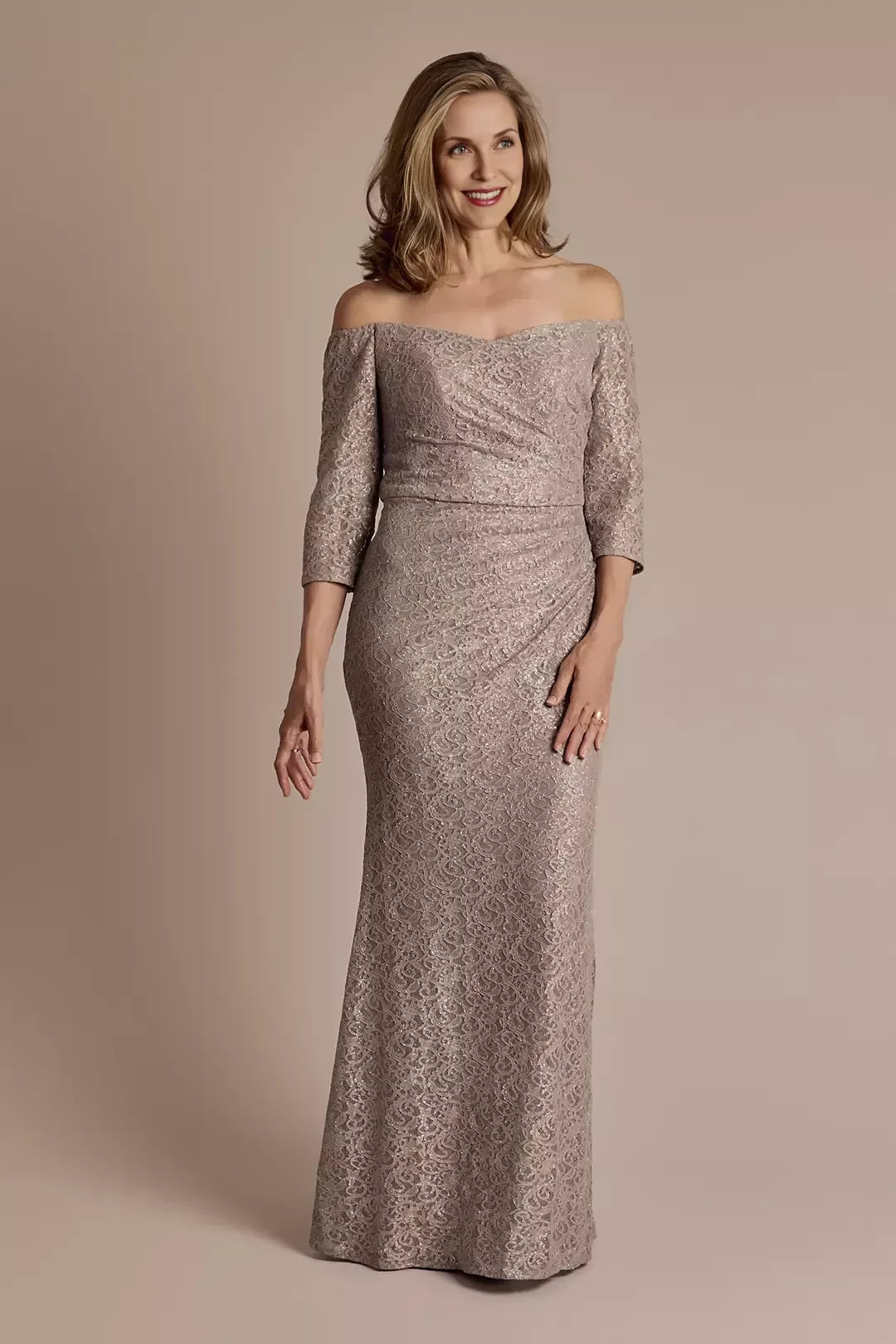 Refined Mermaid Off Shoulder Three Quarter Sleeve Lace Back Floor Length Mother of the Bride Dress