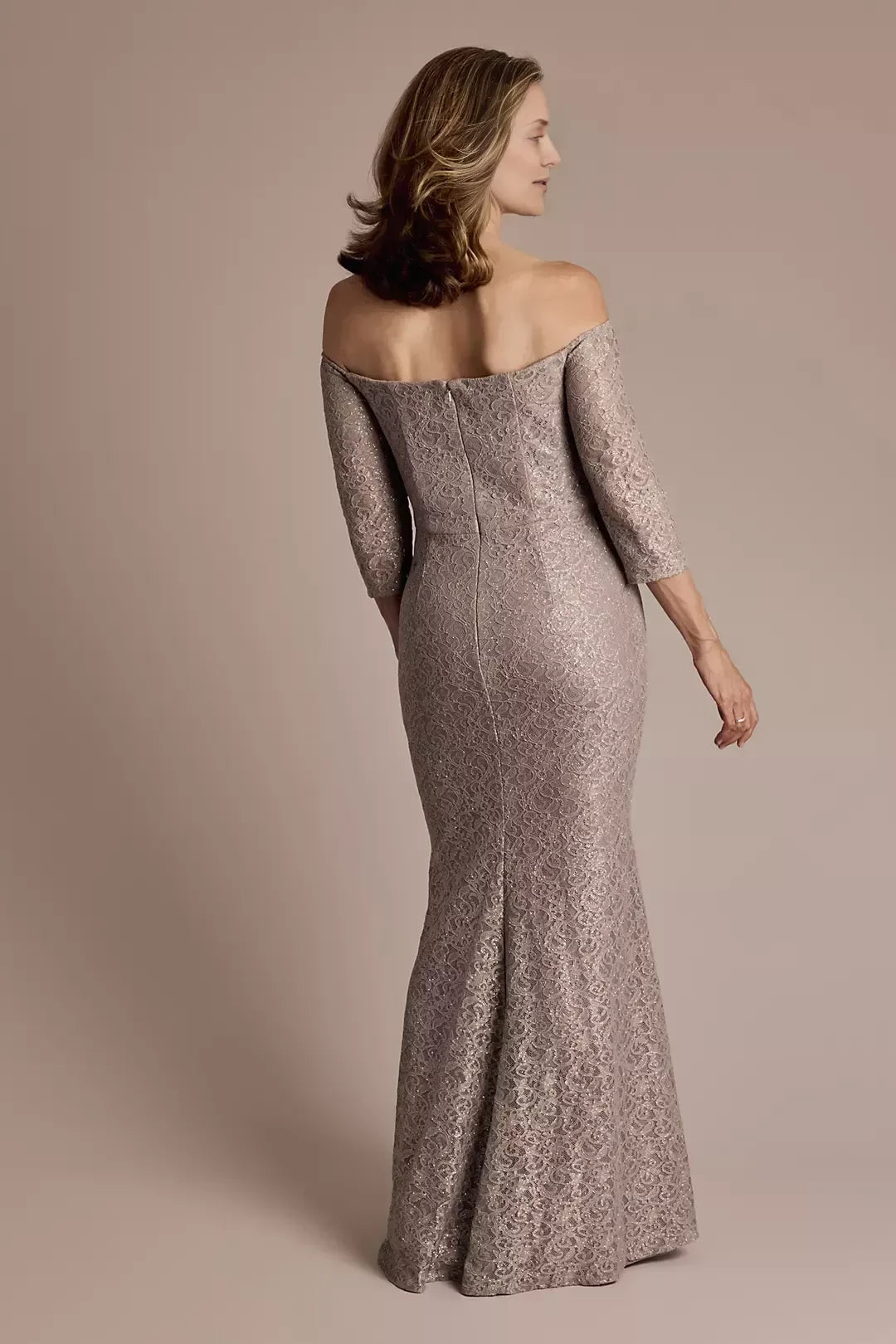 Refined Mermaid Off Shoulder Three Quarter Sleeve Lace Back Floor Length Mother of the Bride Dress