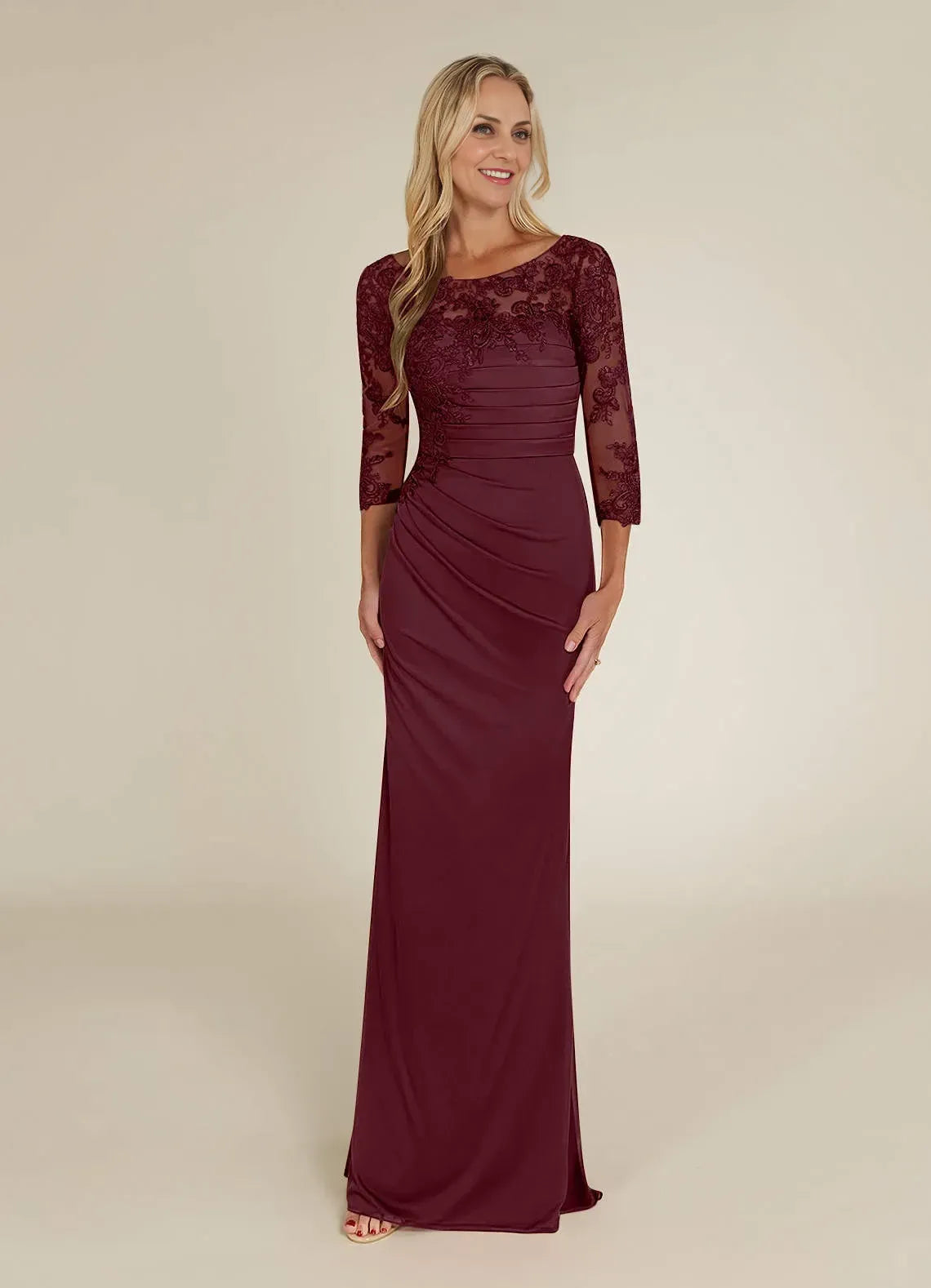 Refined Sheath Boat Neck Three Quarter Sleeve Lace Back Floor Length Mother of the Bride Dress