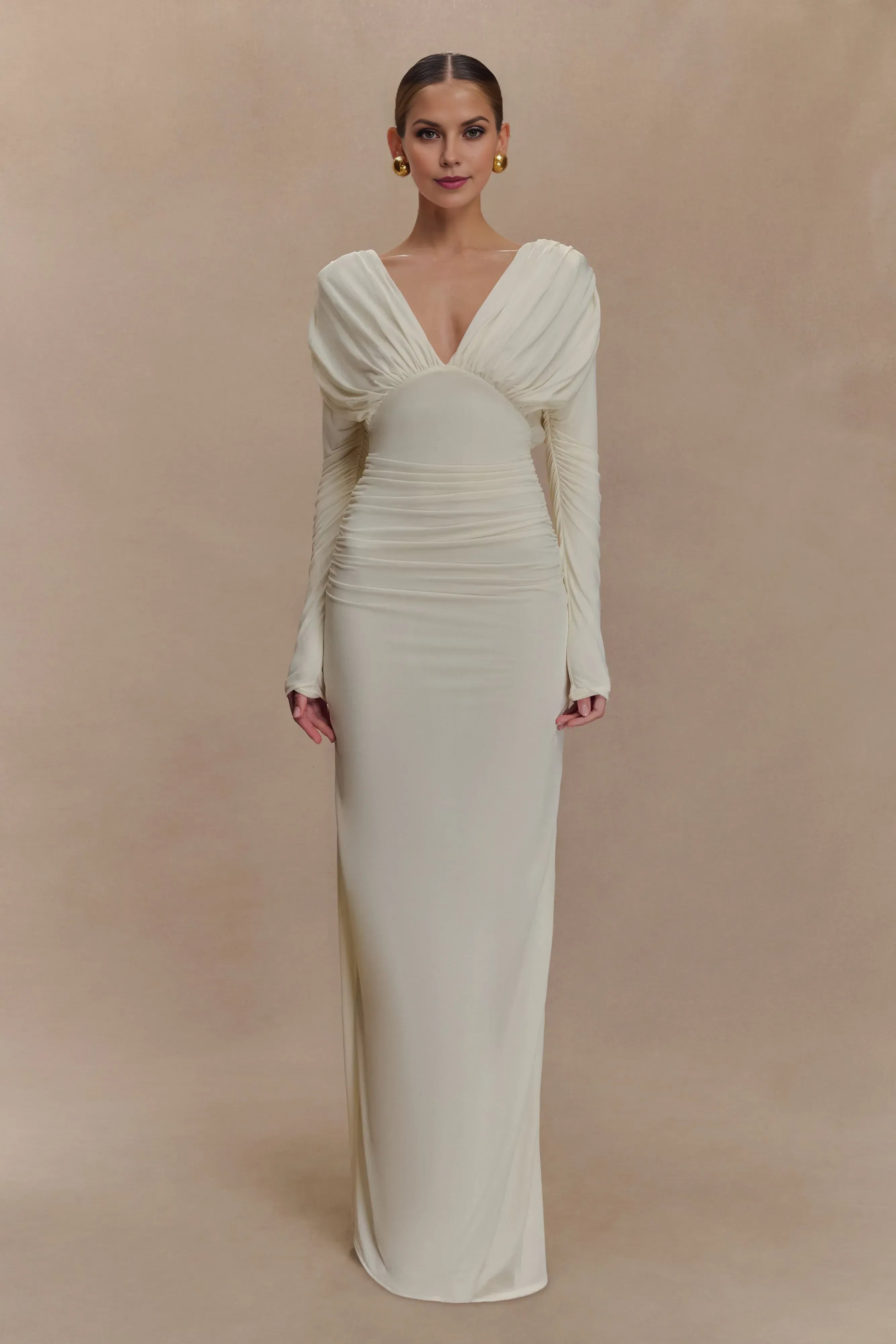 Refined Sheath Deep V Neck Long Sleeve Draped Back Floor Length Prom Dress