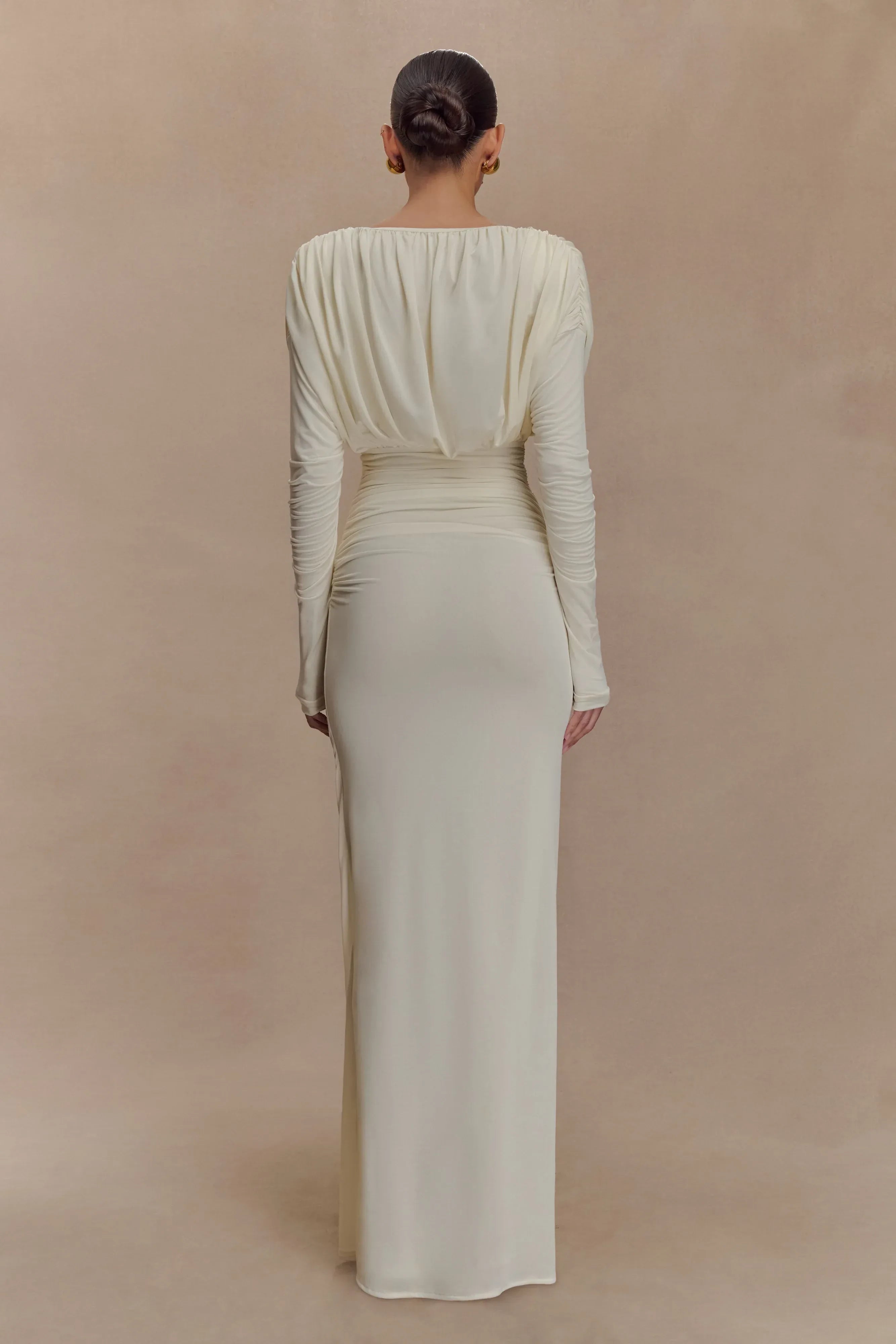 Refined Sheath Deep V Neck Long Sleeve Draped Back Floor Length Prom Dress