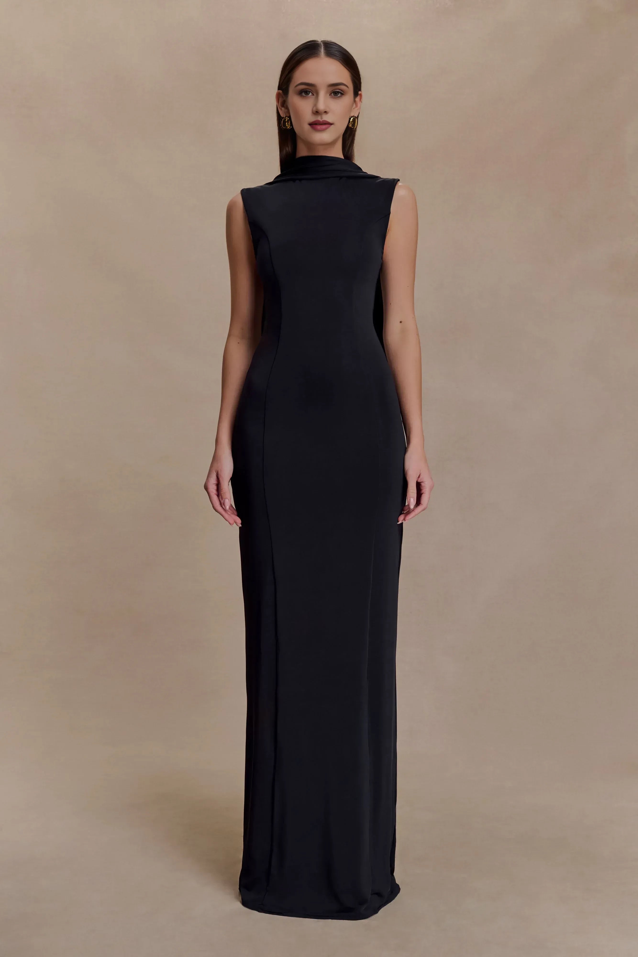 Refined Sheath High Neck Sleeveless Draped Back Floor Length Prom Dress