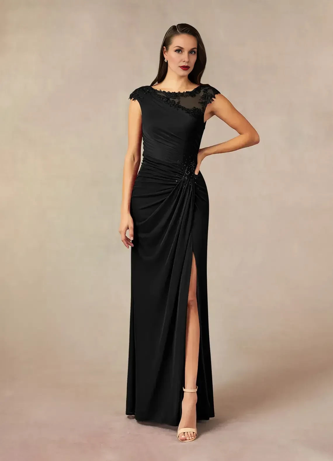 Refined Sheath Illusion Neck Cap Sleeve Lace Back Floor Length Mother of the Bride Dress