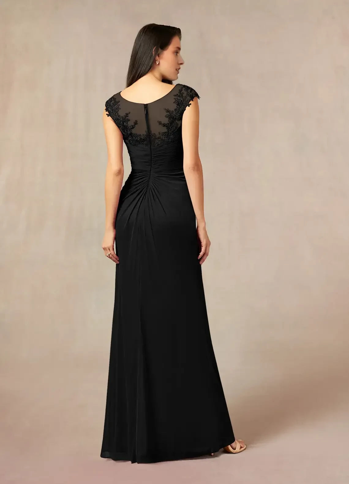 Refined Sheath Illusion Neck Cap Sleeve Lace Back Floor Length Mother of the Bride Dress