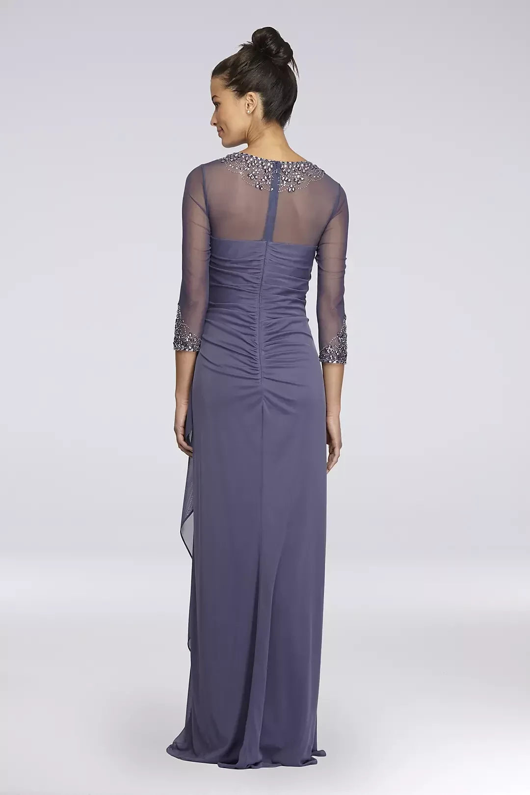 Refined Sheath Illusion Neck Three Quarter Sleeve Beaded Back Floor Length Mother of the Bride Dress
