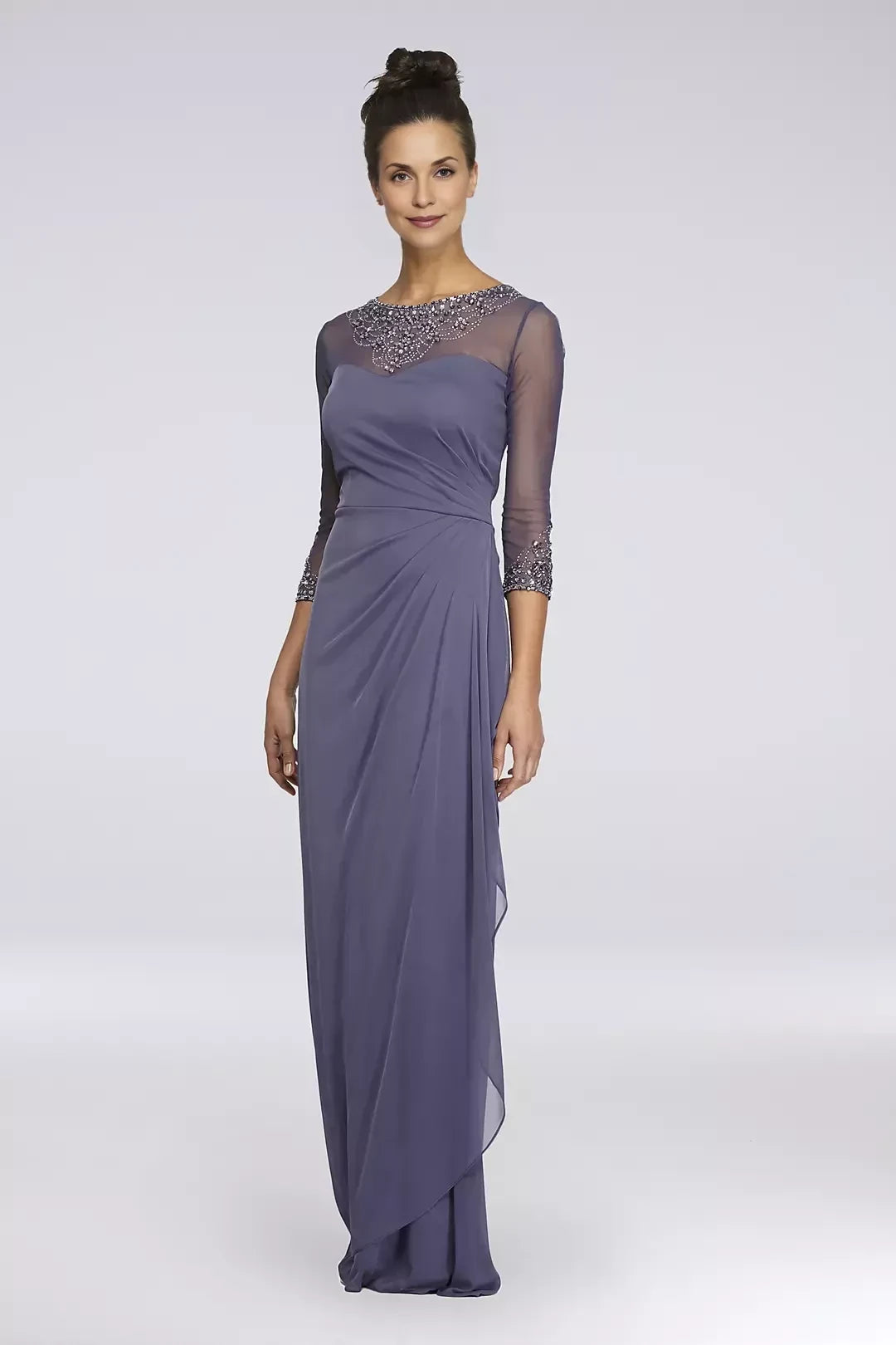Refined Sheath Illusion Neck Three Quarter Sleeve Beaded Back Floor Length Mother of the Bride Dress