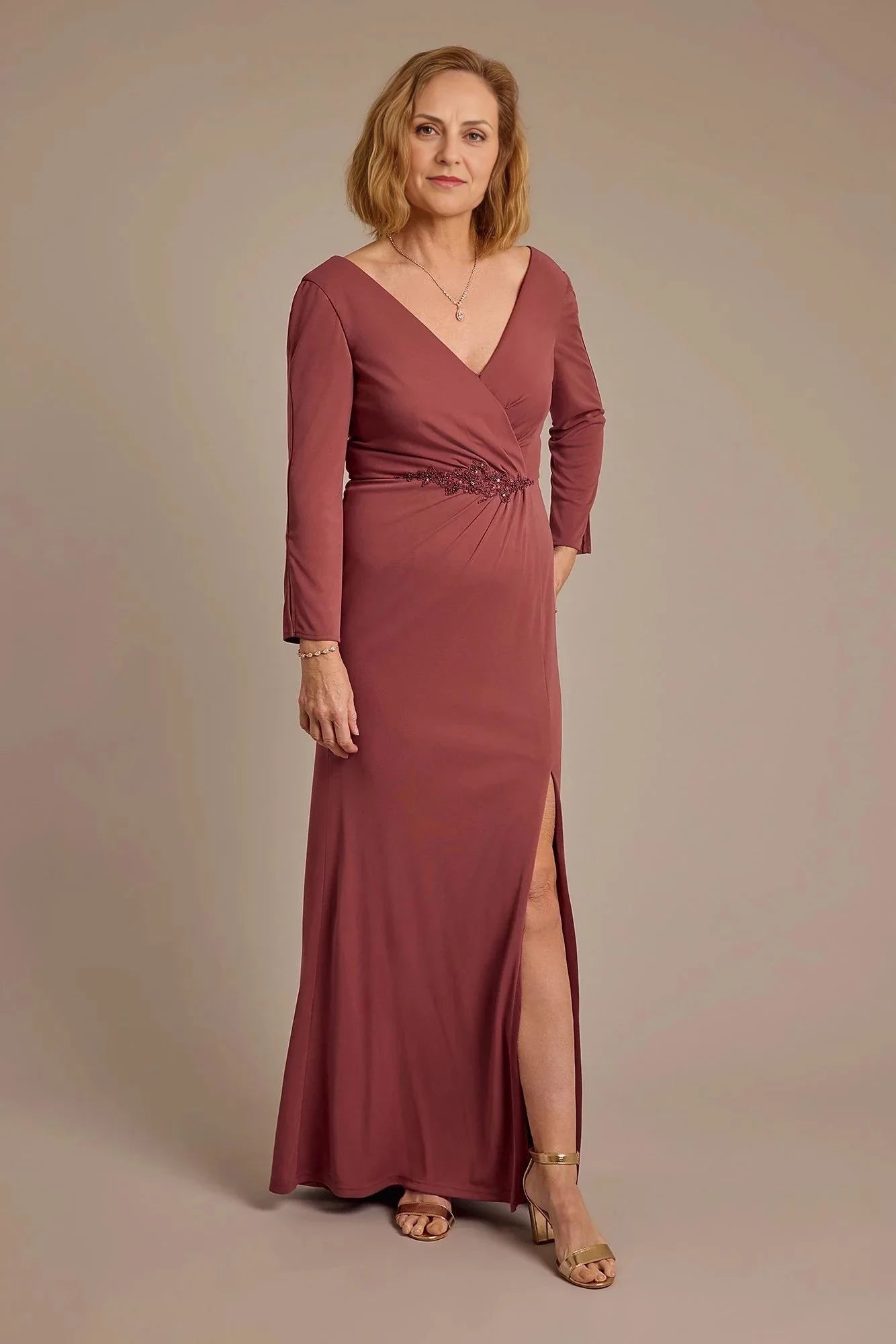 Refined Sheath V Neck Long Sleeve Ruched Back Floor Length Mother of the Bride Dress