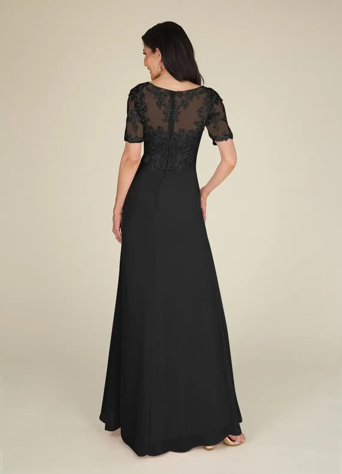 Refined Sheath V Neck Short Lace Sleeve Ruched Back Floor Length Mother of the Bride Dress