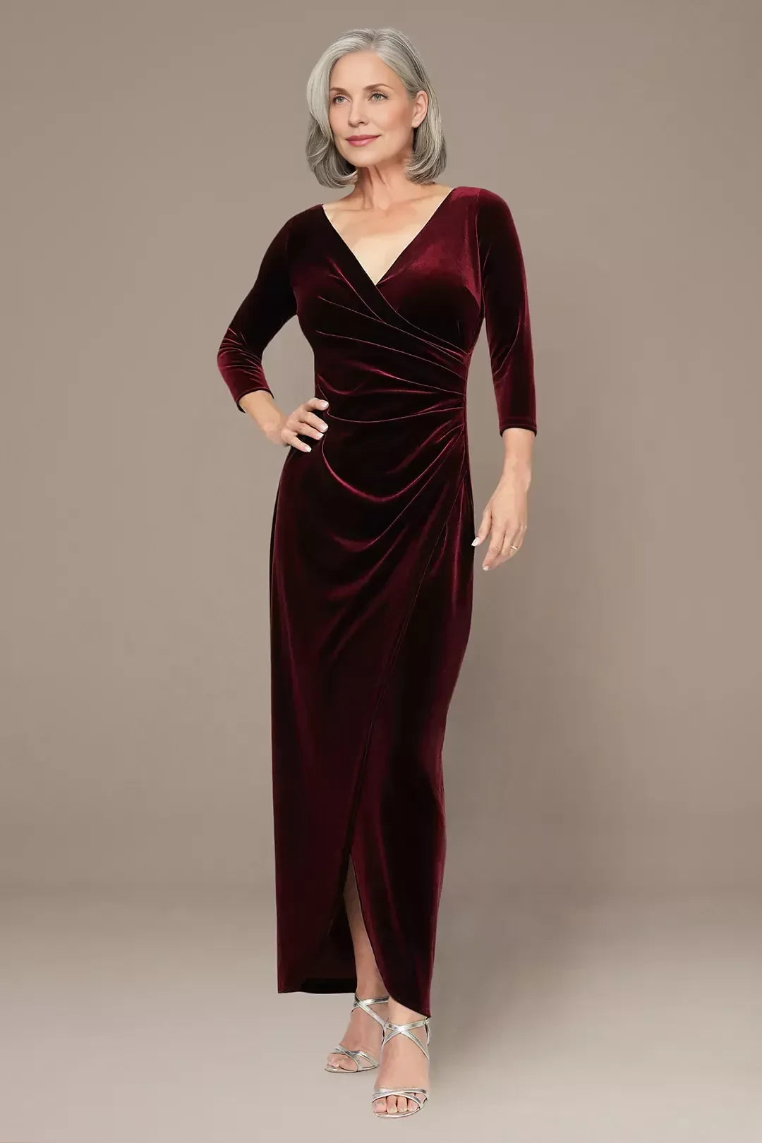 Refined Sheath V Neck Three Quarter Sleeve Plain Back Floor Length Mother of the Bride Dress