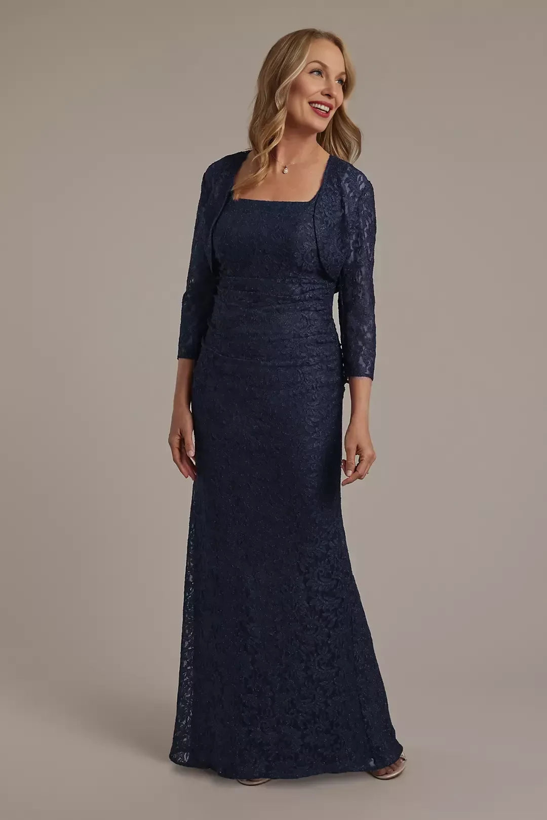 Refined Two Piece Square Neck Three Quarter Sleeve Lace Back Floor Length Mother of the Bride Dress