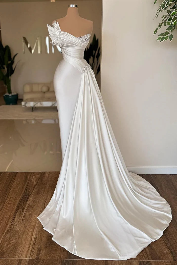 Refined Long Ivory Mermaid Sleeveless Satin Prom Gown With Pearls Simple gentle atmospheric and unique design Simple gentle atmospheric and unique design