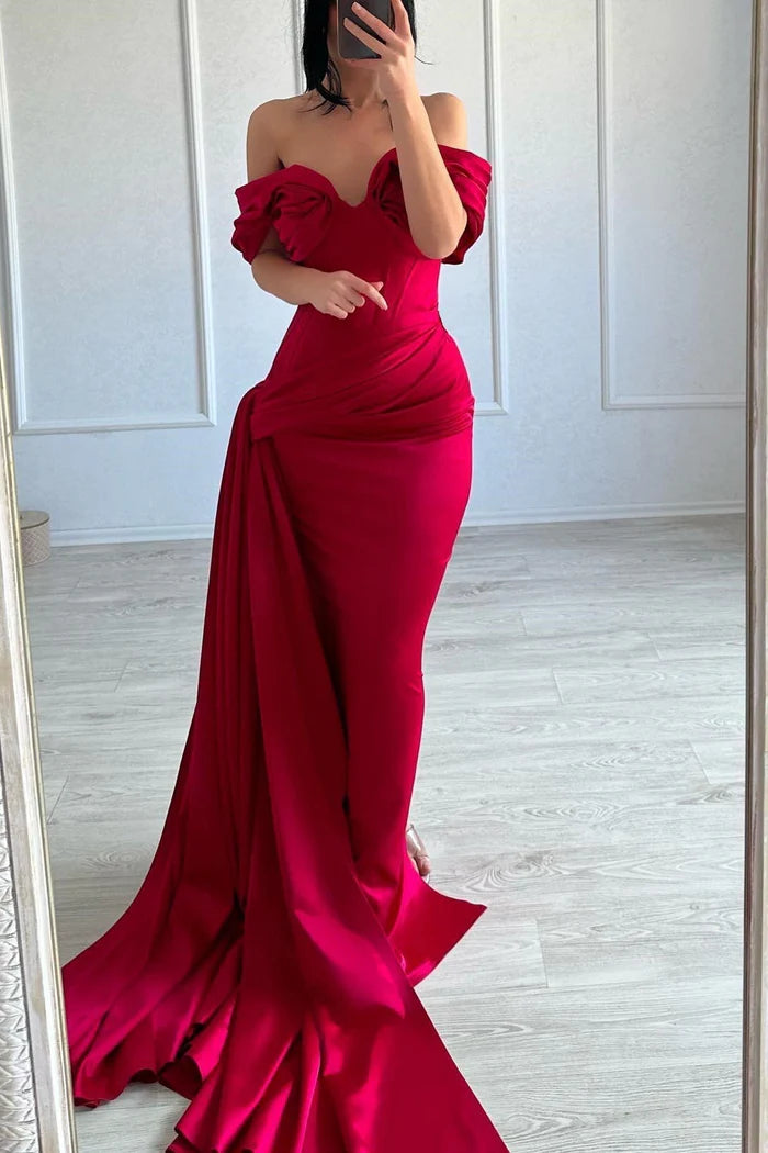 Refined Long Mermaid Off-the-shoulder Sleeveless V-neck Satin Fuchsia Prom Gown Simple gentle atmospheric and unique design