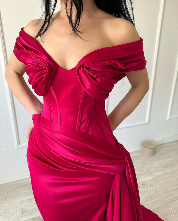 Refined Long Mermaid Off-the-shoulder Sleeveless V-neck Satin Fuchsia Prom Gown Simple gentle atmospheric and unique design