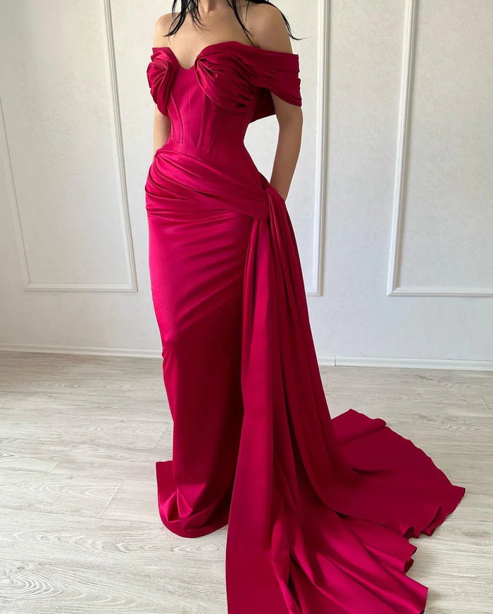 Refined Long Mermaid Off-the-shoulder Sleeveless V-neck Satin Fuchsia Prom Gown Simple gentle atmospheric and unique design