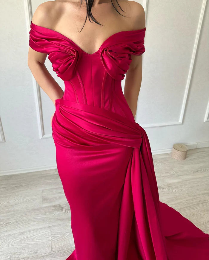 Refined Long Mermaid Off-the-shoulder Sleeveless V-neck Satin Fuchsia Prom Gown Simple gentle atmospheric and unique design