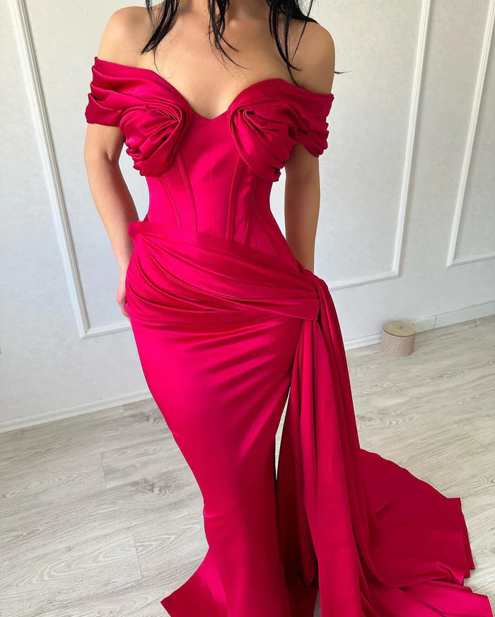 Refined Long Mermaid Off-the-shoulder Sleeveless V-neck Satin Fuchsia Prom Gown Simple gentle atmospheric and unique design
