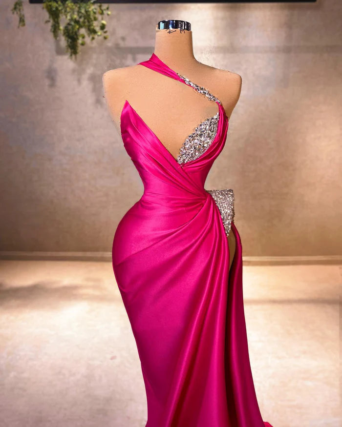 Refined Mermaid V-neck Sleeveless Ruffled Satin Split Front Fuchsia Prom Dress Simple gentle atmospheric and unique design