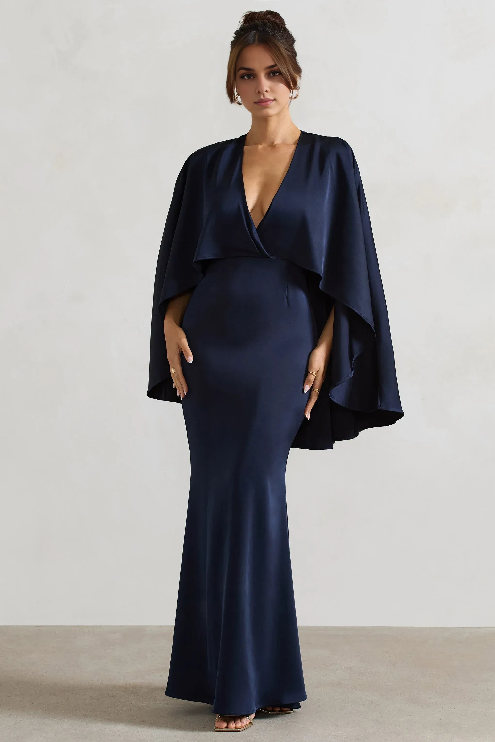 Regal Mermaid Deep V Cape Sleeve Open Back Floor Length Plus Size For Women Evening Dress