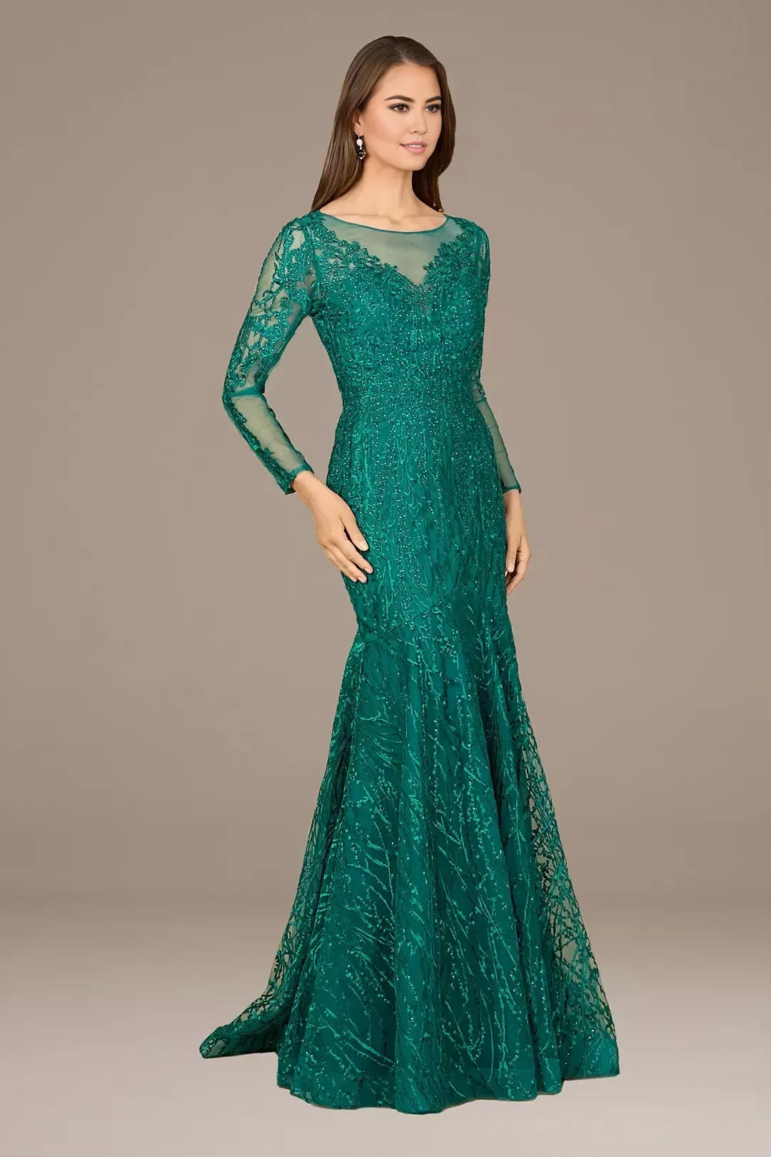 Regal Mermaid Illusion Neck Long Sleeve Lace Back Floor Length Mother of the Bride Dress