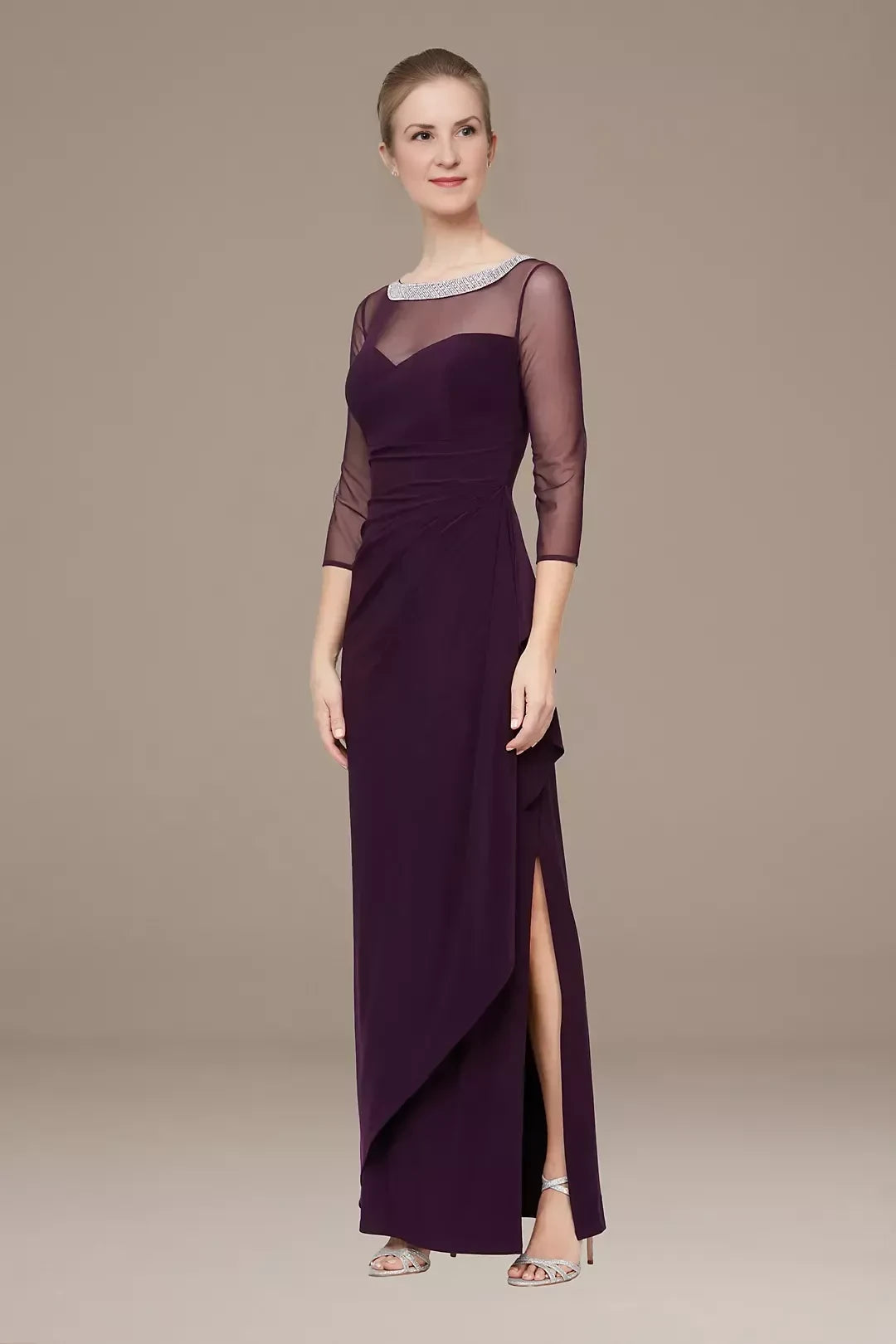 Regal Sheath Illusion Neck Three Quarter Sleeve Zipper Back Floor Length Mother of the Bride Dress