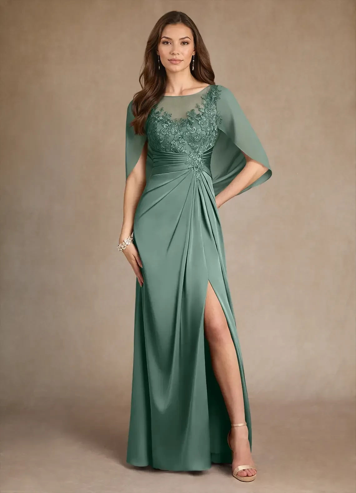 Regal Sheath V-Neck Three-Quarter Sleeve Button-Back Tea-Length Mother of the Bride Dress