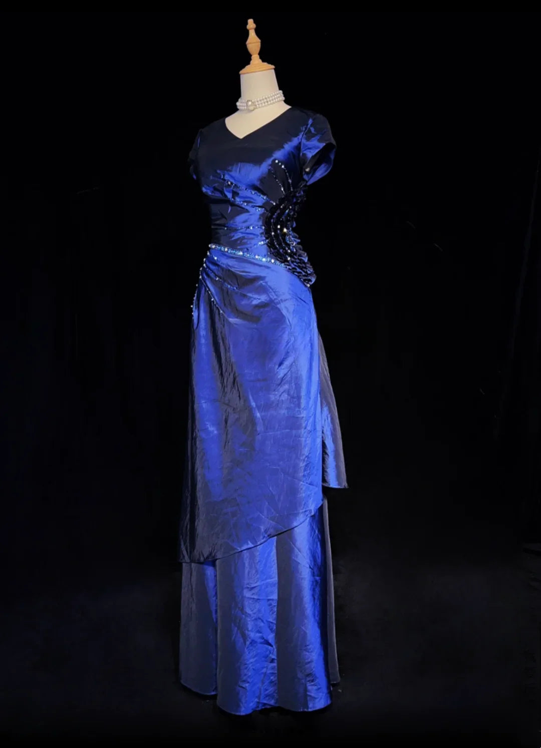 Retro A Line V Neck Navy Blue Short Sleeves With Silver Beads Long Flowers Prom Dresses Party Dress 21st Birthday Outfits Graduation Dresses