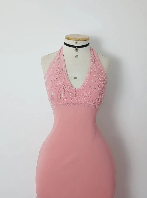 Retro A Line V Neck Pink Beaded Chiffon Prom Dress Evening Dress simple gentle atmospheric and unique desi Bring summer colors to enhance whiteness