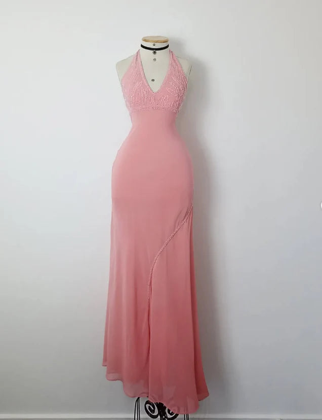 Retro A Line V Neck Pink Beaded Chiffon Prom Dress Evening Dress simple gentle atmospheric and unique desi Bring summer colors to enhance whiteness