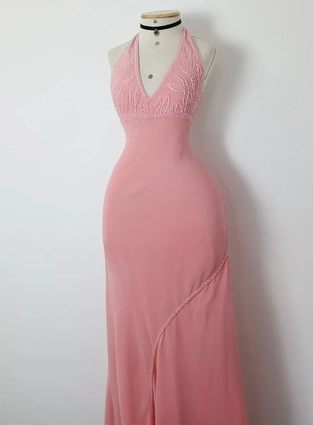 Retro A Line V Neck Pink Beaded Chiffon Prom Dress Evening Dress simple gentle atmospheric and unique desi Bring summer colors to enhance whiteness