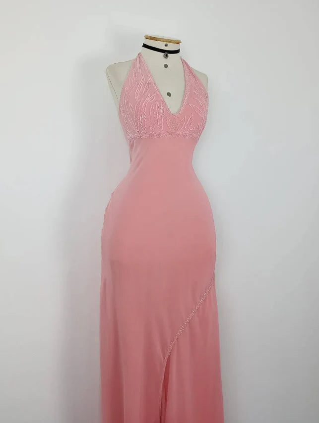 Retro A Line V Neck Pink Beaded Chiffon Prom Dress Evening Dress simple gentle atmospheric and unique desi Bring summer colors to enhance whiteness