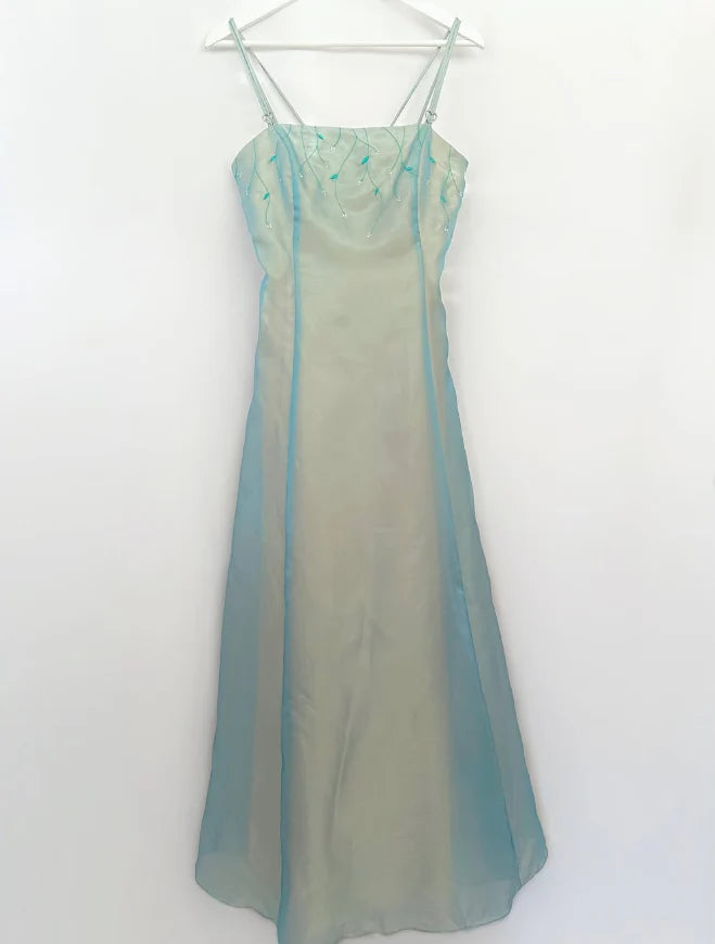 Retro Blue A Line Spaghetti Strap Embroidery Organza Prom Dress Evening Dress simple gentle atmospheric and unique desi Bring summer colors to enhance whiteness