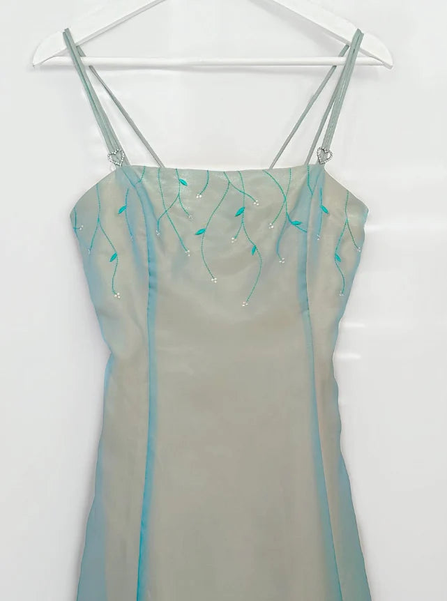 Retro Blue A Line Spaghetti Strap Embroidery Organza Prom Dress Evening Dress simple gentle atmospheric and unique desi Bring summer colors to enhance whiteness