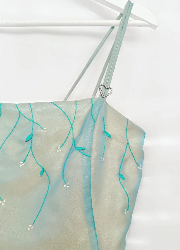 Retro Blue A Line Spaghetti Strap Embroidery Organza Prom Dress Evening Dress simple gentle atmospheric and unique desi Bring summer colors to enhance whiteness