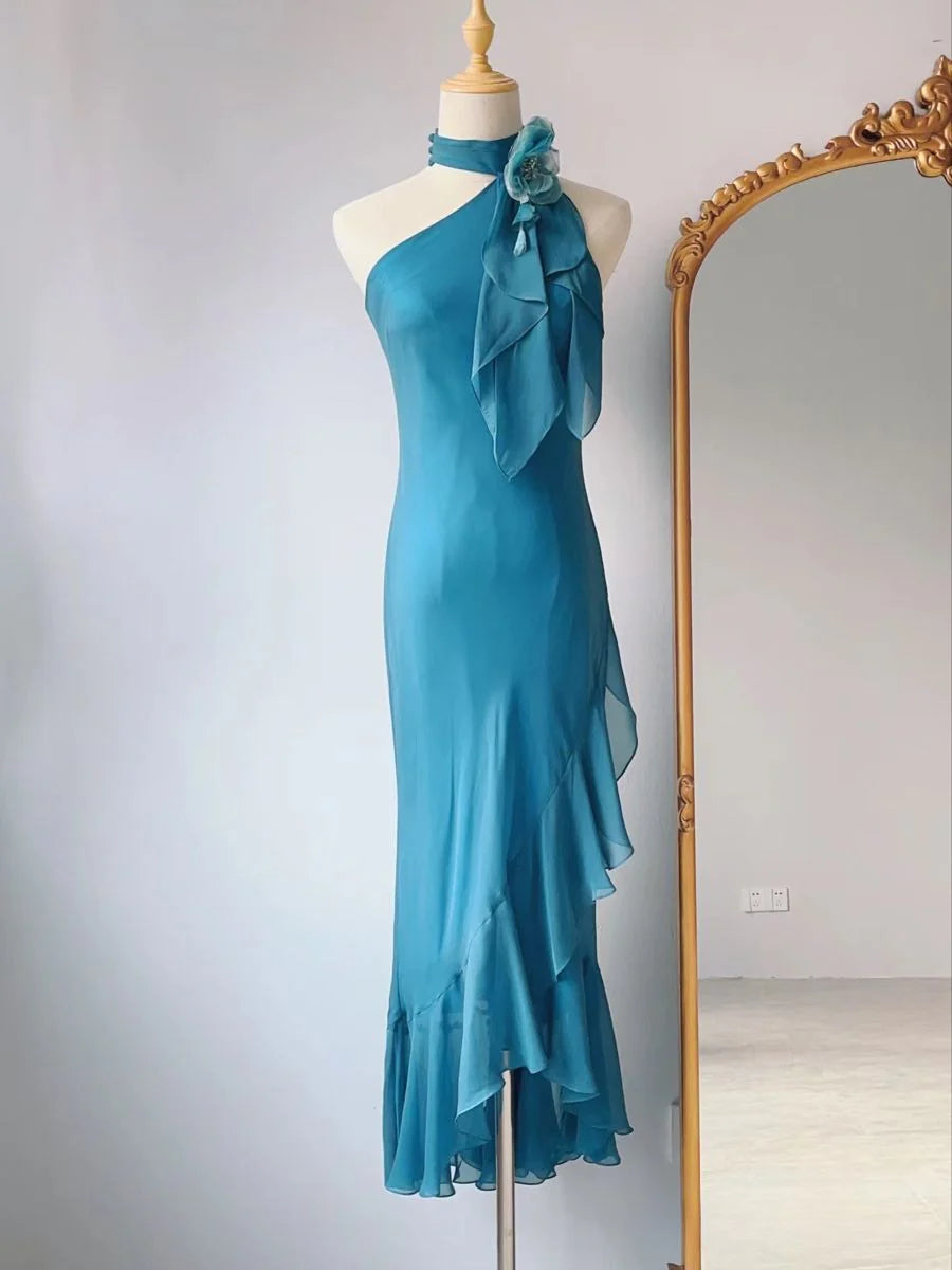 Retro Blue Sheath High Neck Floral Ruffle Chiffon Long Party Dress Evening Dress simple gentle atmospheric and unique desi Bring summer colors to enhance whiteness ﻿
