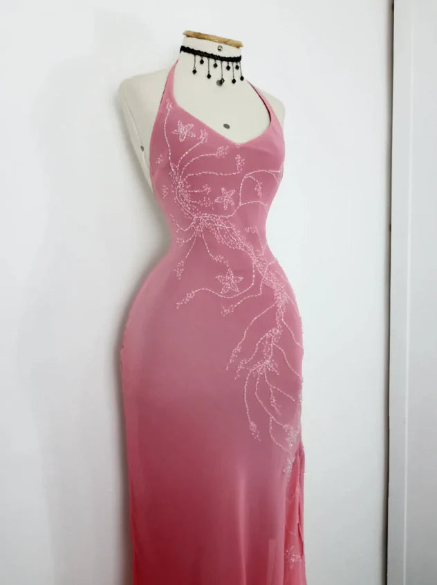 Retro Mermaid Halter Pink Ombre Beaded Chiffon Open Back Prom Dress Evening Dress  simple gentle atmospheric and unique desi Bring summer colors to enhance whiteness