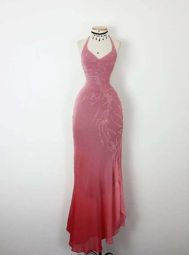 Retro Mermaid Halter Pink Ombre Beaded Chiffon Open Back Prom Dress Evening Dress  simple gentle atmospheric and unique desi Bring summer colors to enhance whiteness