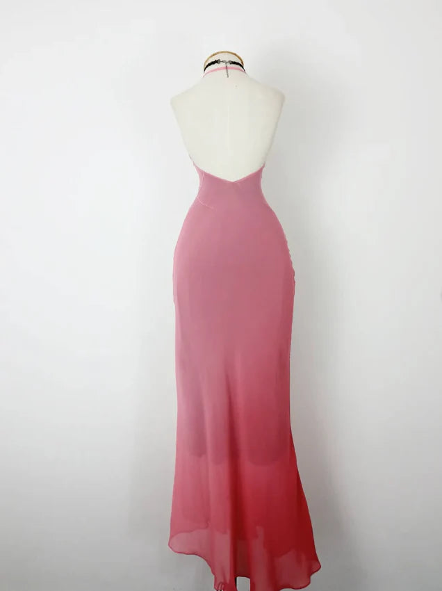 Retro Mermaid Halter Pink Ombre Beaded Chiffon Open Back Prom Dress Evening Dress  simple gentle atmospheric and unique desi Bring summer colors to enhance whiteness