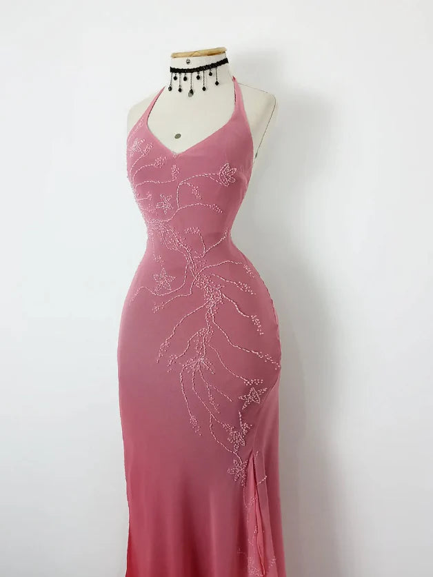 Retro Mermaid Halter Pink Ombre Beaded Chiffon Open Back Prom Dress Evening Dress  simple gentle atmospheric and unique desi Bring summer colors to enhance whiteness