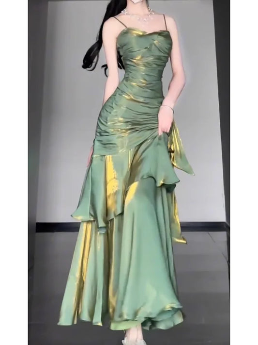 Retro Mermaid Spaghetti Straps Green Prom Dresses Birthday Outfits With Flower simple gentle atmospheric and unique desi Bring summer colors to enhance whiteness