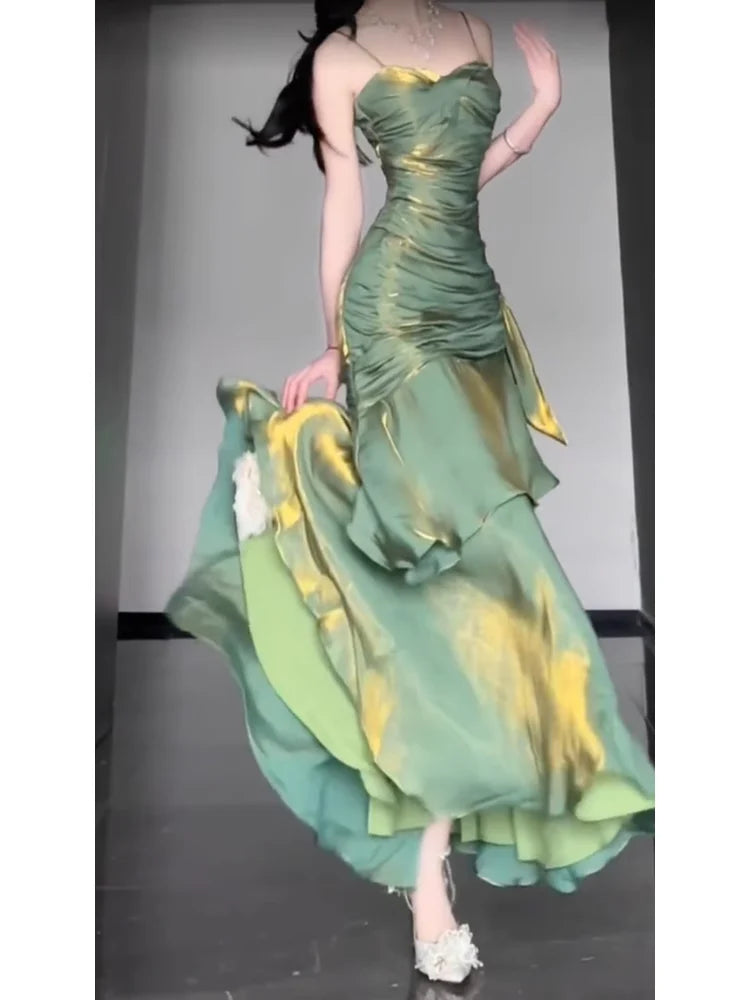 Retro Mermaid Spaghetti Straps Green Prom Dresses Birthday Outfits With Flower simple gentle atmospheric and unique desi Bring summer colors to enhance whiteness