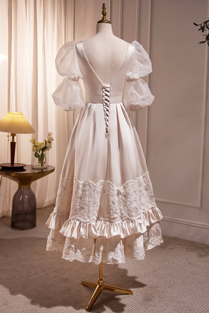 Retro Scoop Neck Lace Tea-length Prom Dress A-Line Puffy Short Sleeve Party Dress simple gentle atmospheric and unique desi Bring summer colors to enhance white