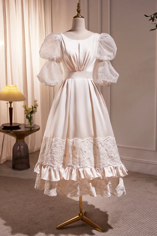 Retro Scoop Neck Lace Tea-length Prom Dress A-Line Puffy Short Sleeve Party Dress simple gentle atmospheric and unique desi Bring summer colors to enhance white