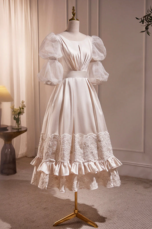 Retro Scoop Neck Lace Tea-length Prom Dress A-Line Puffy Short Sleeve Party Dress simple gentle atmospheric and unique desi Bring summer colors to enhance white