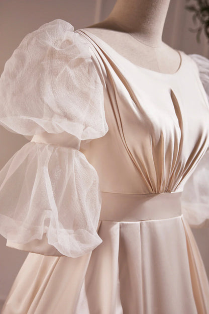 Retro Scoop Neck Lace Tea-length Prom Dress A-Line Puffy Short Sleeve Party Dress simple gentle atmospheric and unique desi Bring summer colors to enhance white