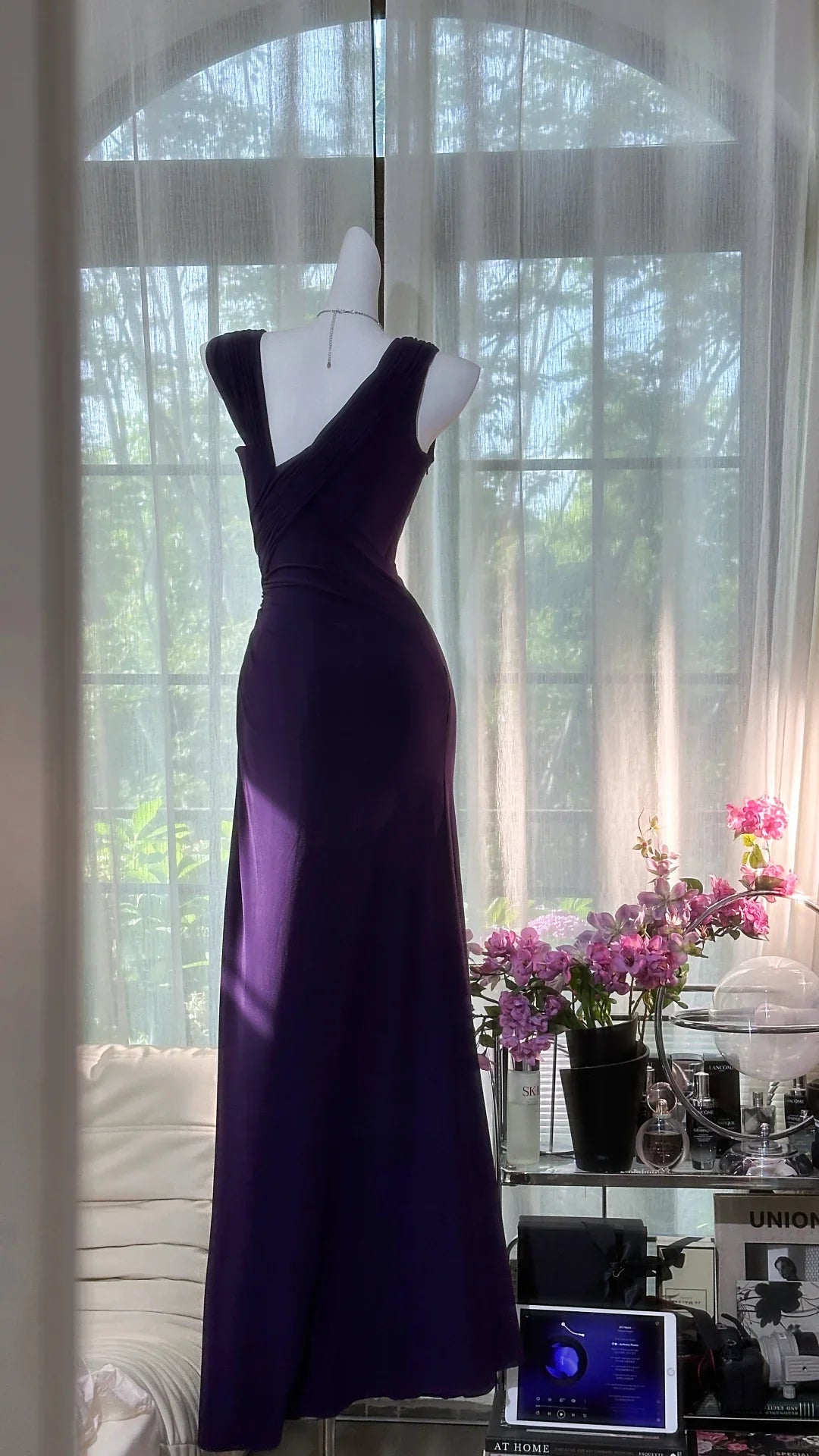 Retro Sexy Dark Purple Beaded Mermaid V Neck Chiffon Evening Dress Party Dress simple gentle atmospheric and unique desi Bring summer colors to enhance whiteness