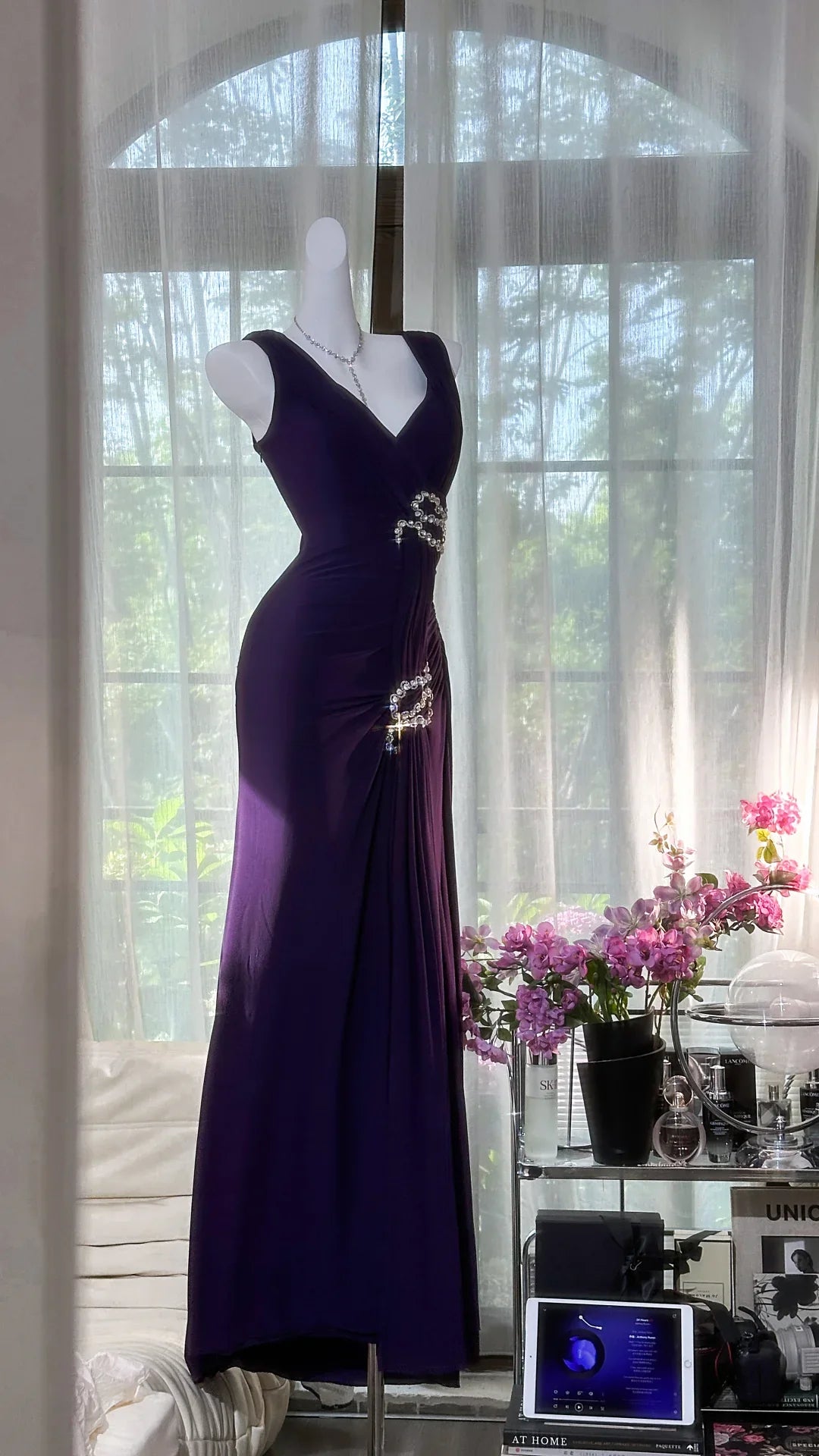 Retro Sexy Dark Purple Beaded Mermaid V Neck Chiffon Evening Dress Party Dress simple gentle atmospheric and unique desi Bring summer colors to enhance whiteness