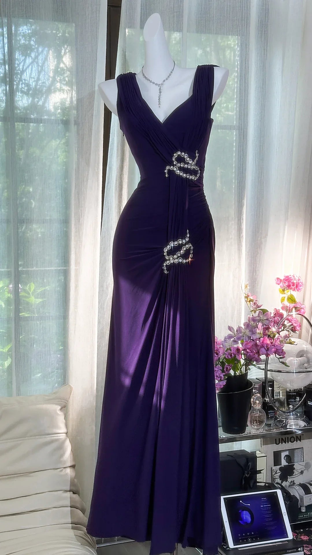 Retro Sexy Dark Purple Beaded Mermaid V Neck Chiffon Evening Dress Party Dress simple gentle atmospheric and unique desi Bring summer colors to enhance whiteness