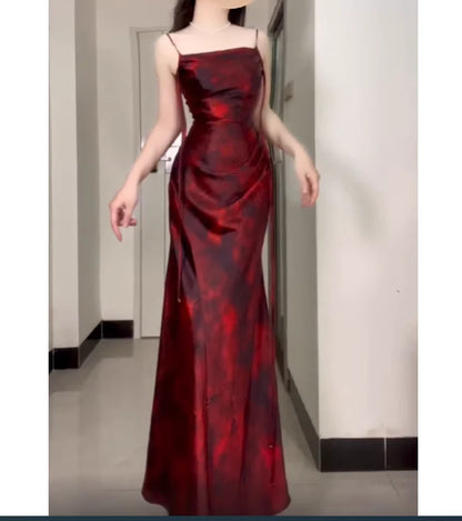 Retro Sheath Spaghetti Straps Ankle length Burgundy Floral Satin Prom Dresses Birthday Outfits  simple gentle atmospheric and unique desi Bring summer colors to enhance whiteness