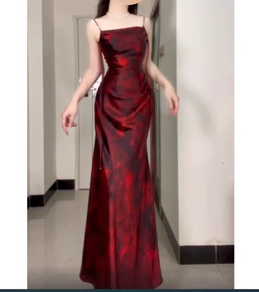 Retro Sheath Spaghetti Straps Ankle length Burgundy Floral Satin Prom Dresses Birthday Outfits  simple gentle atmospheric and unique desi Bring summer colors to enhance whiteness