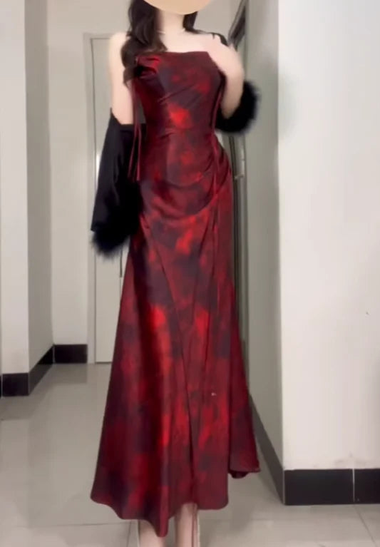 Retro Sheath Spaghetti Straps Ankle length Burgundy Floral Satin Prom Dresses Birthday Outfits  simple gentle atmospheric and unique desi Bring summer colors to enhance whiteness